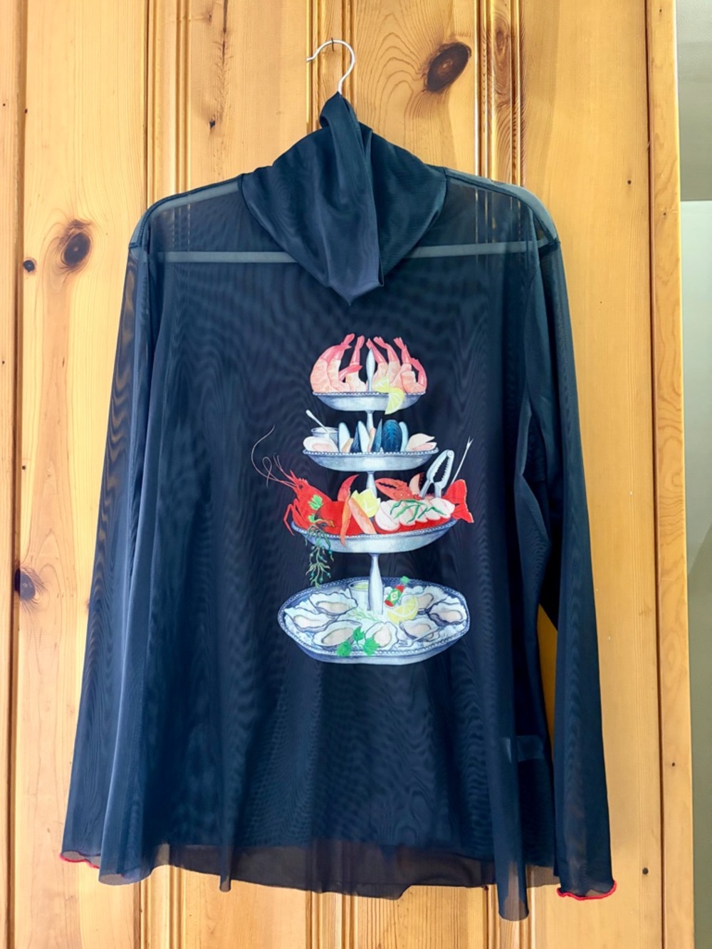 Rachel Antonoff Black Sheer Top with Seafood Tower Motif